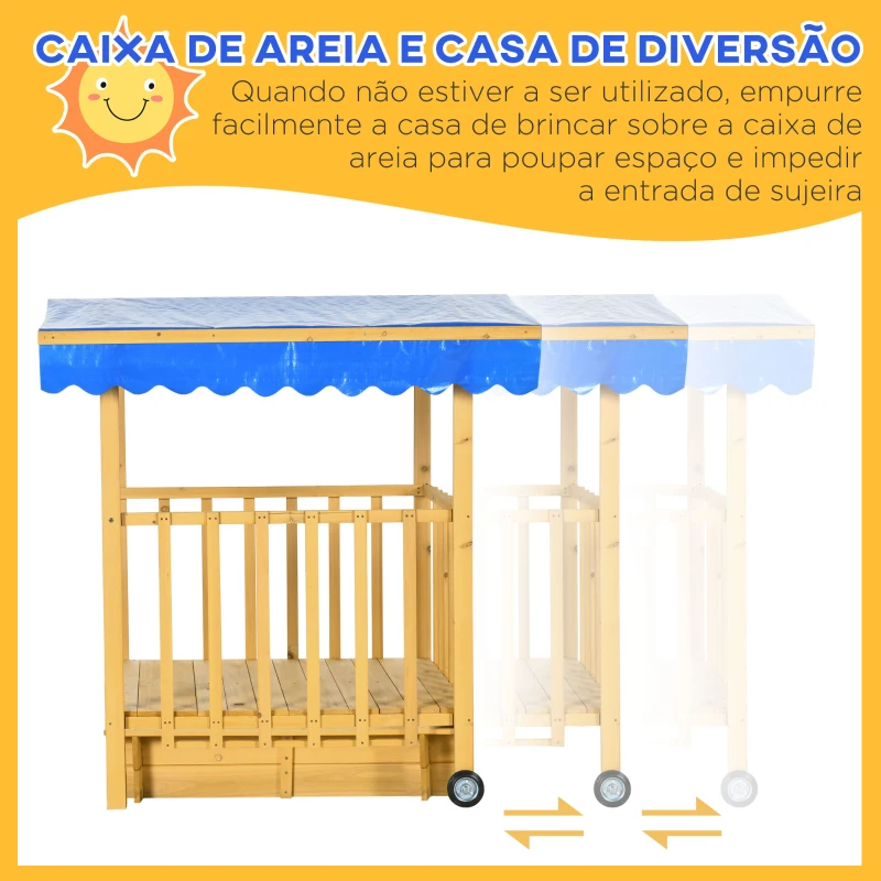 Outsunny Caixa de Areia para Crianças com Varanda Teto e Rodas Caixa de Areia Infantil para Crianças de 3-8 Anos 133x129x137,5 cm Madeira