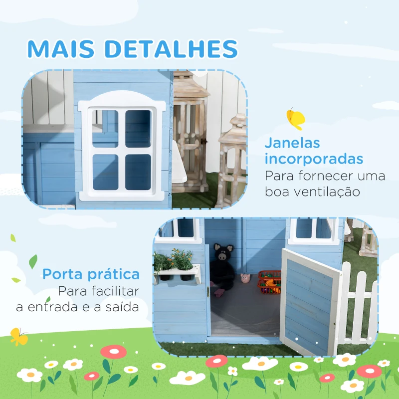Outsunny Casa de Madeira para Crianças com Porta Janelas Vasos e Cercas Laterais 151x112,5x142 cm Azul