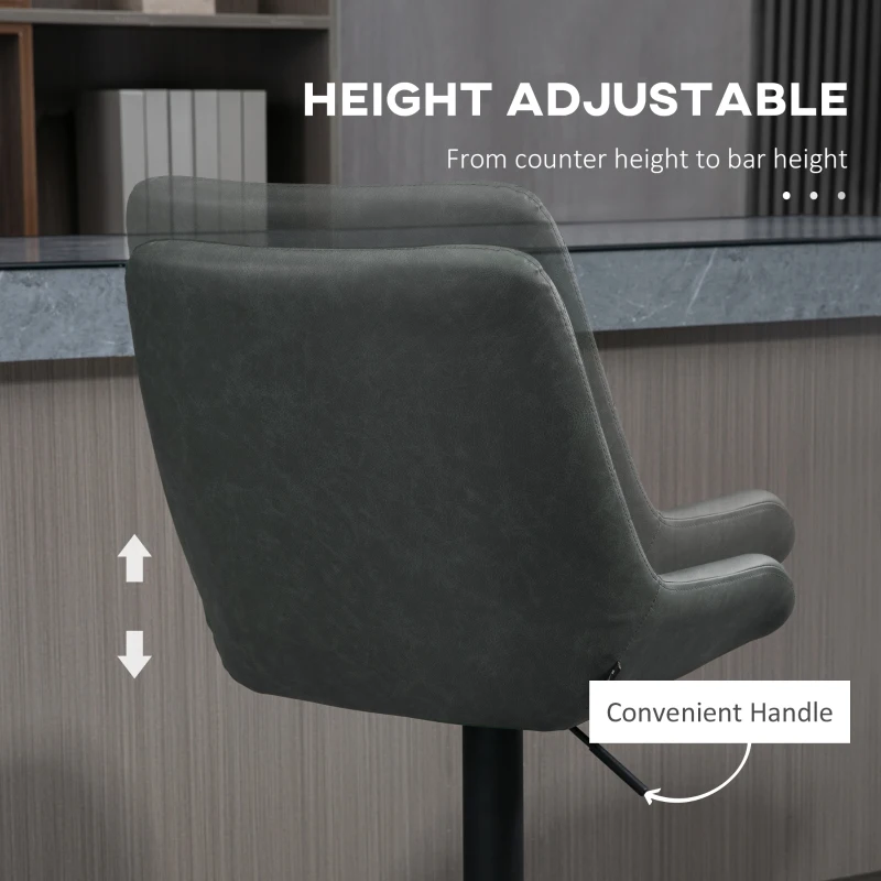 HOMCOM Retro Bar Stools Set of 2, Adjustable Kitchen Stool, Upholstered Bar Chairs with Back, Swivel Seat, Dark Grey(m-5)