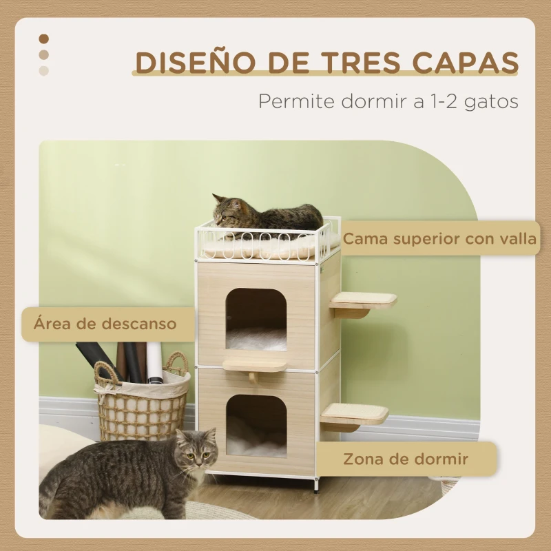 PawHut Casa para Gatos de 2 Niveles Cama Cueva para Gatitos de Madera con 2 Rascadores 3 Cojines Lavables 40x40x84 cm Natural