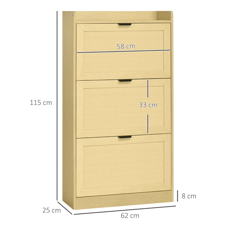 HOMCOM Meuble à chaussures 3 tiroirs aspect rotin 62 x 25 x 115 cm bois naturel