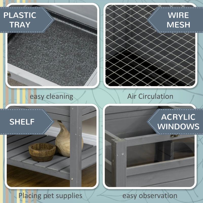 PawHut Wooden Tortoise House, with Shelter, Run, Shelf, Lamp Holder, Tray