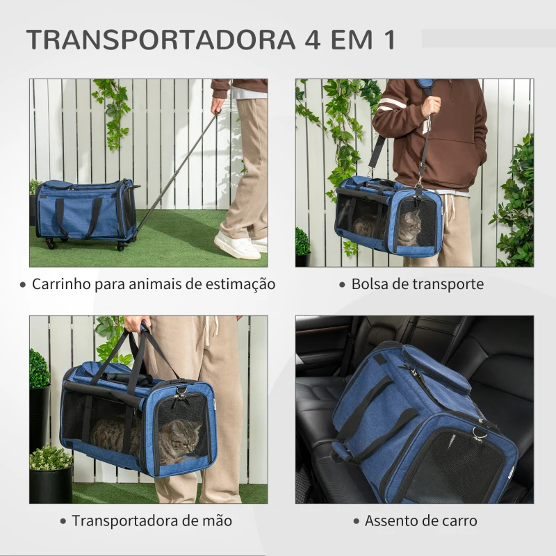 PawHut Transportadora para Animais de Estimação 4 em 1 com Rodas Bolsa de Transporte para Cães e Gatos 50x31x37 cm Azul
