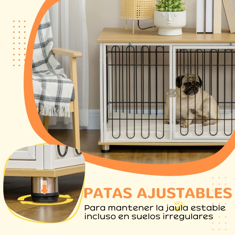 PawHut Jaula para Perros para Interior con Encimera Mesa con Perrera con Pestillo y Cojín 90x58x62,5 cm Roble y Blanco