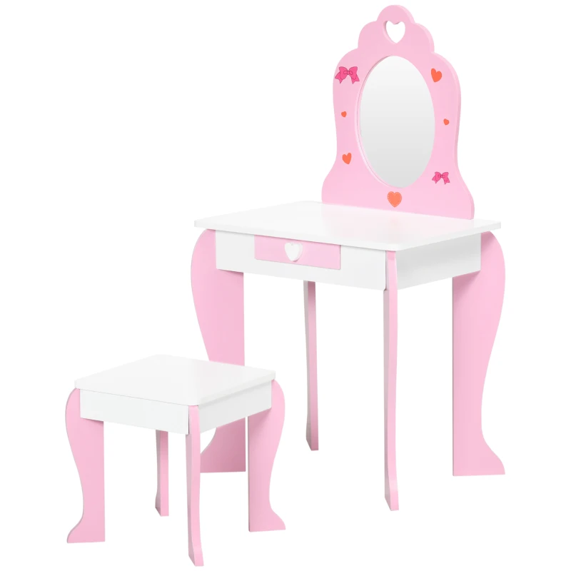 ZONEKIZ Kids Dressing table Set w/ Mirror, Stool, Drawer, Cute Patterns, for Ages 3-6 Years - Pink