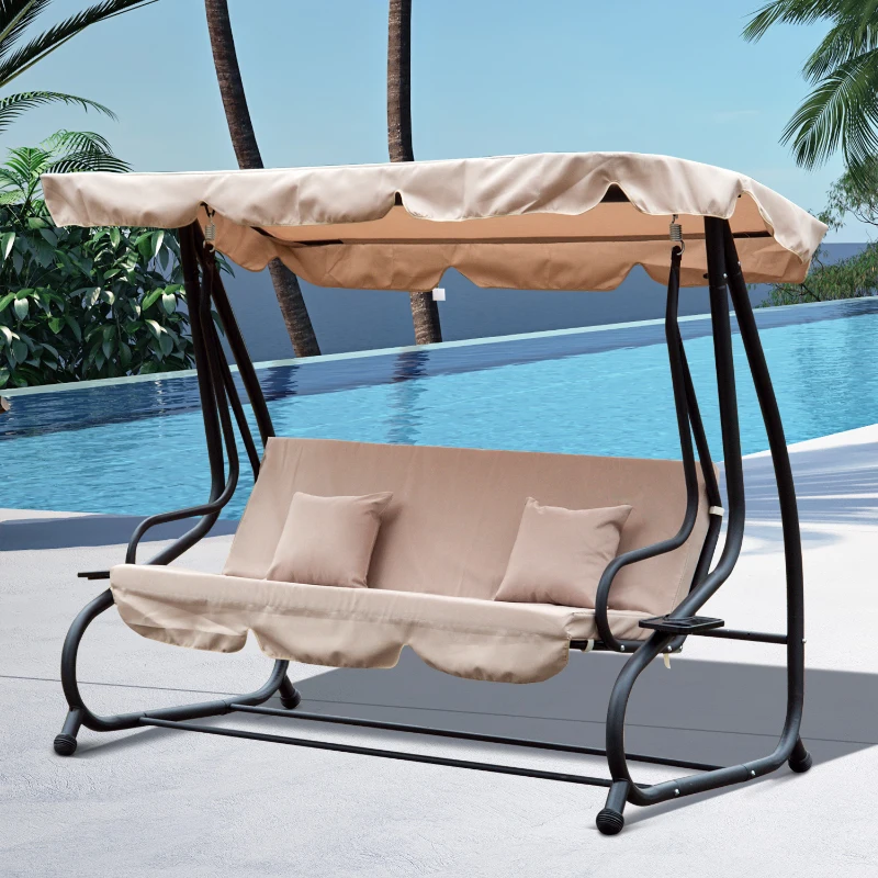 Outsunny Water Resistant Fabric 3-Seater Swing Chair w/ Cup Holder Beige