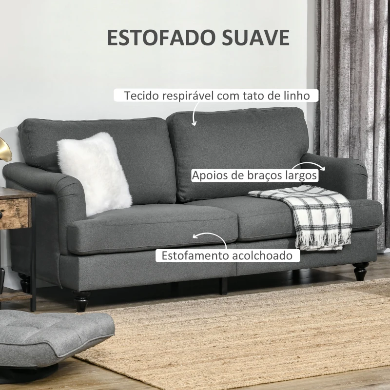 HOMCOM Sofá de 2 Lugares Estofado em Linho Sintético com Pés de Madeira de Borracha Carga Máx. 300kg 180x82x73cm Cinza Escuro