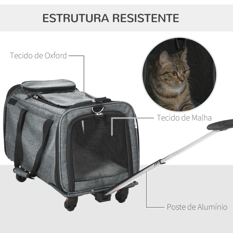 PawHut Transportadora para Animais de Estimação 4 em 1 com Rodas Bolsa de Transporte para Cães e Gatos 50x31x37 cm Cinza