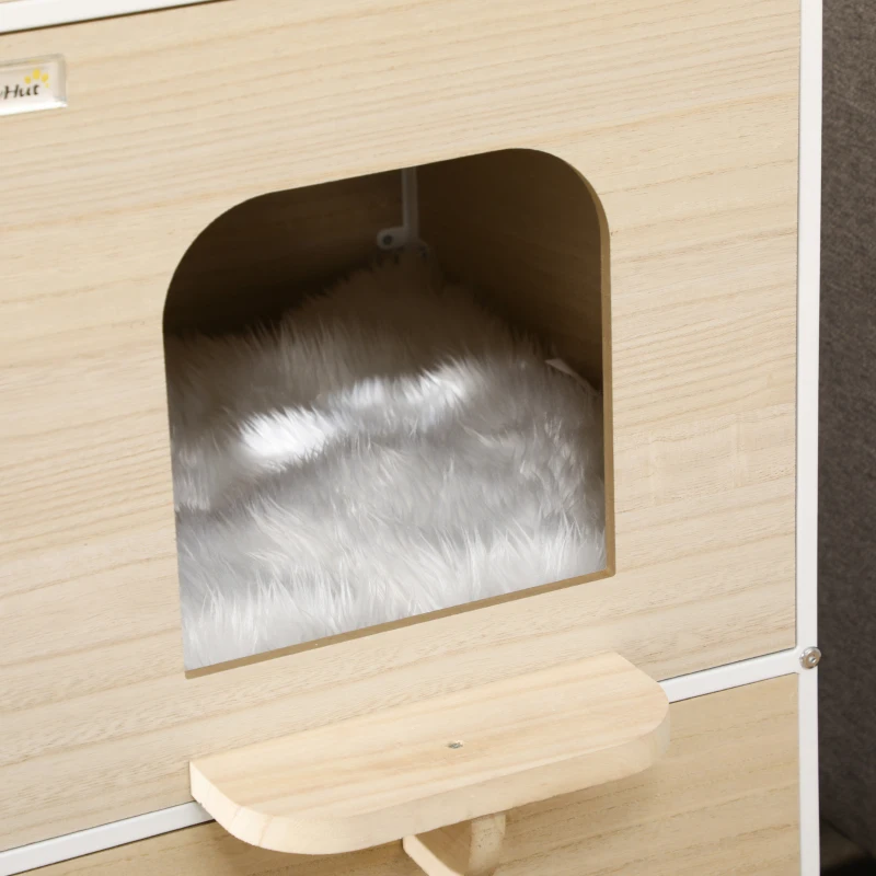PawHut Casa para Gatos com 2 Níveis Estilo Cabana com 2 Almofadas Laváveis e Plataforma Lateral 47x40x90 cm Madeira e Branco