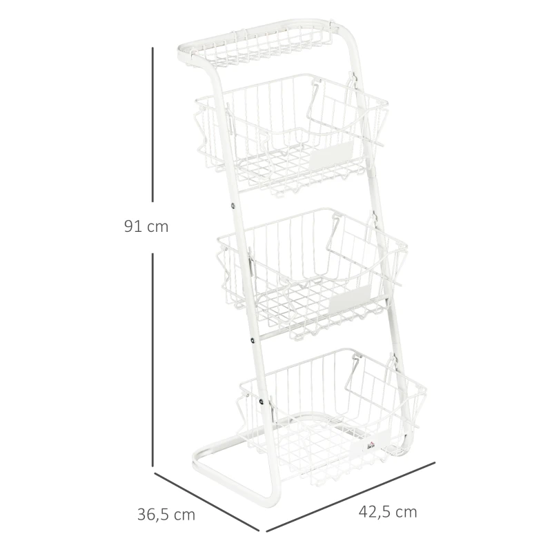 HOMCOM Fruteira Cesto para Frutas e Verduras de 3 Níveis com Cestos Amovíveis e Empilháveis de Aço 42,5x36,5x91cm Branco
