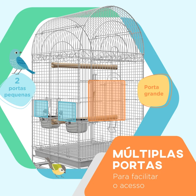 PawHut Gaiola para Pássaros com Rodas Bandeja Amovível Prateleira 2 Comedouros de Aço Inoxidável e Poleiro 51x51x153 cm Branco