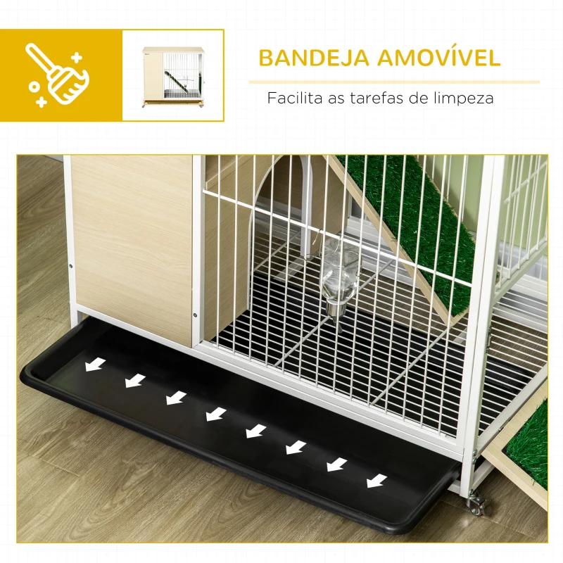 PawHut Coelheira de Madeira com Rodas Móvel Coelheira com Teto Abatível Bandeja Amovível Bebedouro e Rampa 78x52,5x76,5cm Carvalho