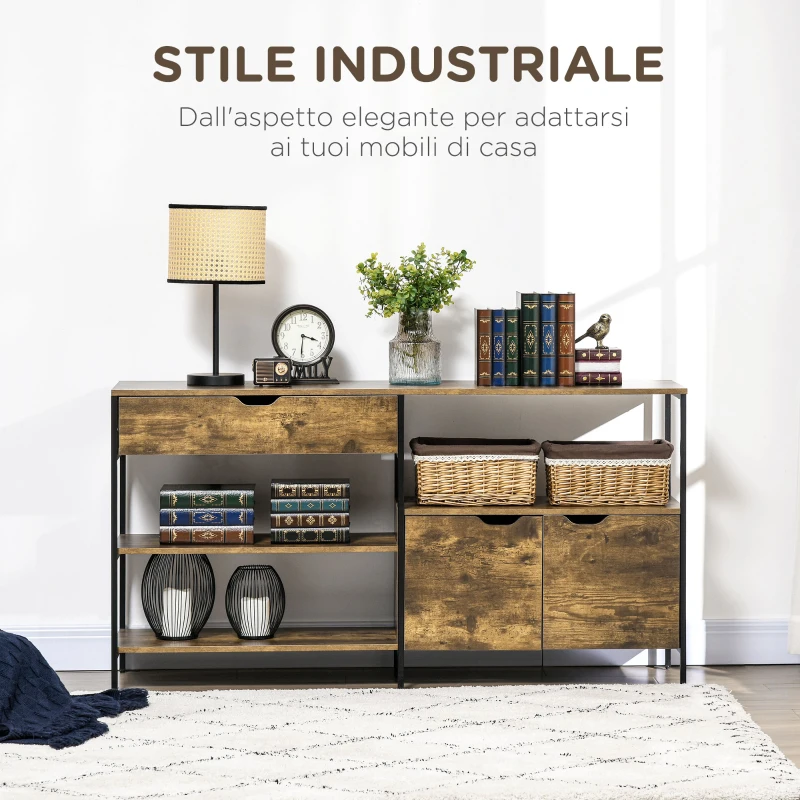 HOMCOM Mobile in Stile Industriale con Cassetto e Armadietto in Legno e Acciaio, 147x40x77cm, Marrone