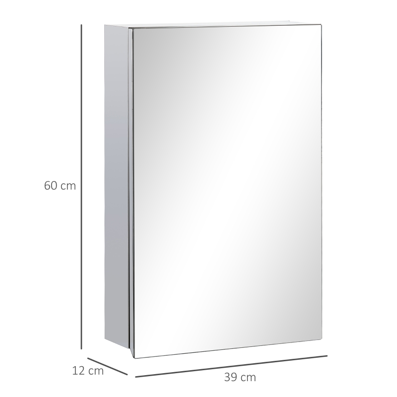kleankin Armário de Casa de Banho com Espelho Armário de Parede para Casa de Banho com Porta e 3 Prateleiras de Armazenamento para Duche 39x12x60cm Prata