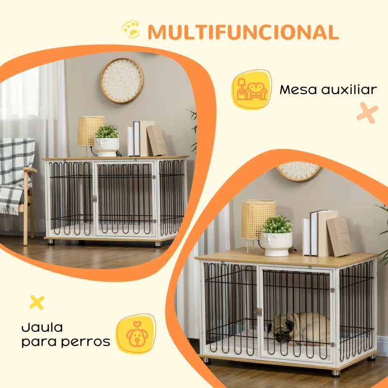 PawHut Jaula para Perros para Interior con Encimera Mesa con Perrera con Pestillo y Cojín 90x58x62,5 cm Roble y Blanco