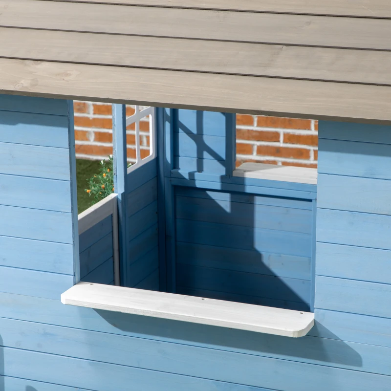 Outsunny Casa de Madeira para Crianças com Porta Janelas Vasos e Cercas Laterais 151x112,5x142 cm Azul