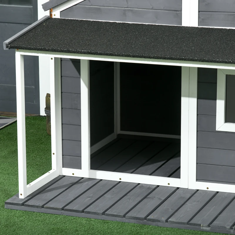 PawHut Cuccia per Cani da Esterno con Terrazza, Finestra e Tetto Impermeabile, 124x112x105cm, Grigio(m-9)