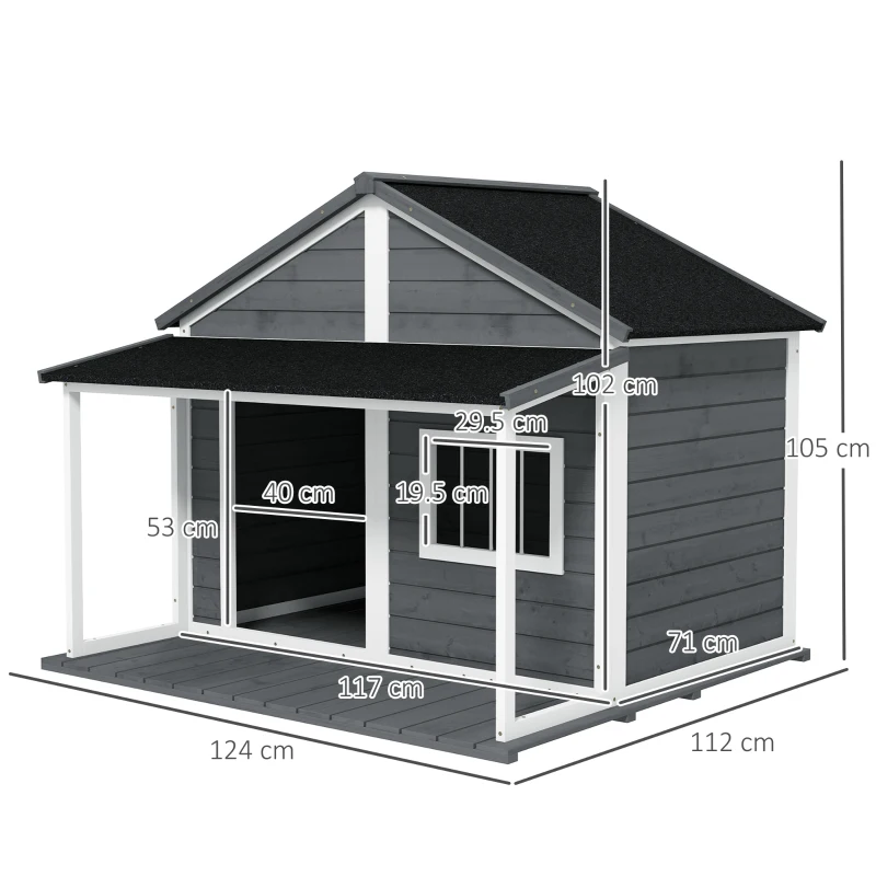PawHut Cuccia per Cani da Esterno con Terrazza, Finestra e Tetto Impermeabile, 124x112x105cm, Grigio(m-3)