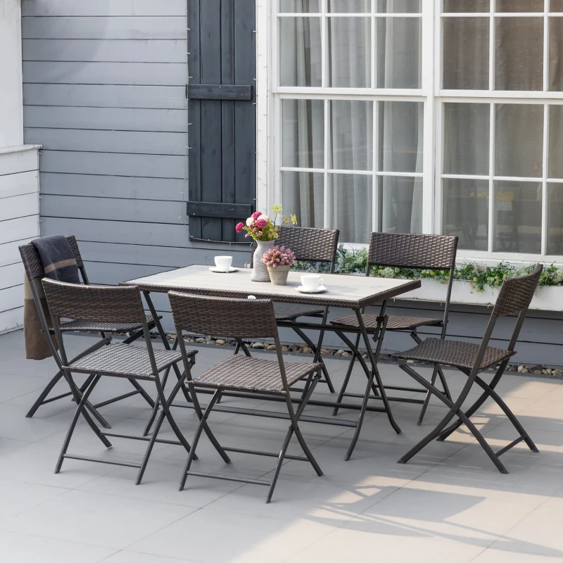 Outsunny Conjunto de Refeição de Vime Conjunto de Refeição 7 Peças com Mesa e 6 Cadeiras Dobráveis para Jardim Exterior Pátio Varanda Marrom