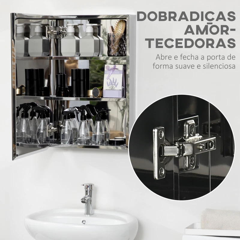 kleankin Armário de Casa de Banho com Espelho Armário de Parede para Casa de Banho com Porta e 3 Prateleiras de Armazenamento para Duche 39x12x60cm Prata