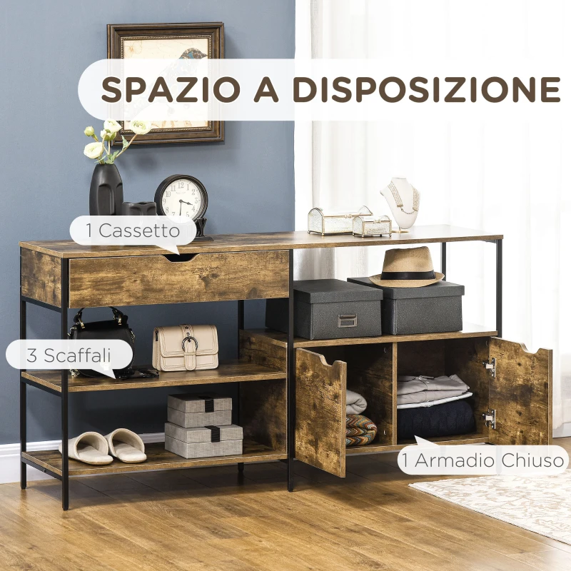 HOMCOM Mobile in Stile Industriale con Cassetto e Armadietto in Legno e Acciaio, 147x40x77cm, Marrone
