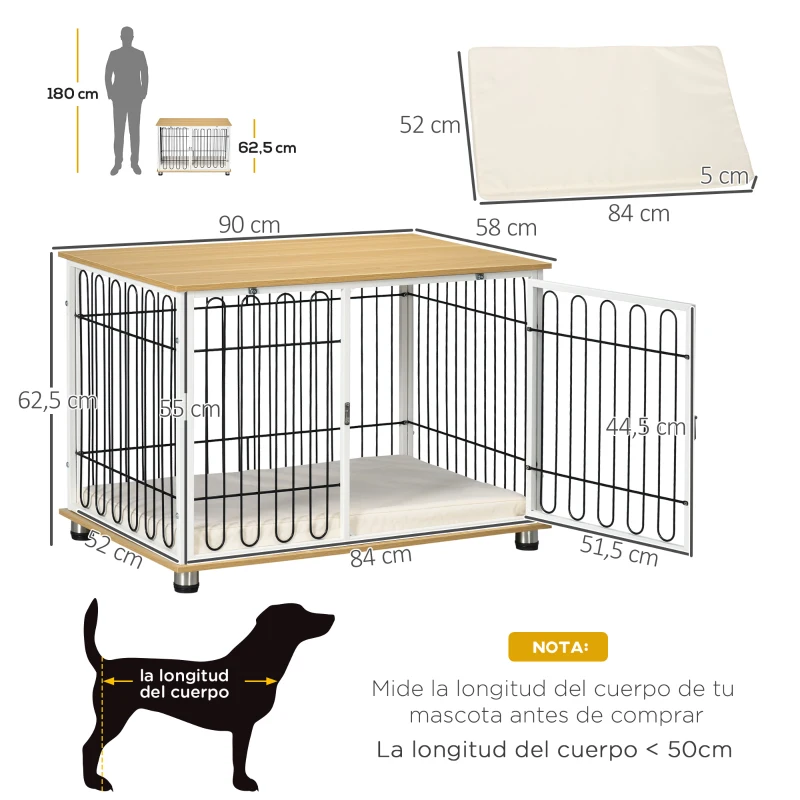 PawHut Jaula para Perros para Interior con Encimera Mesa con Perrera con Pestillo y Cojín 90x58x62,5 cm Roble y Blanco