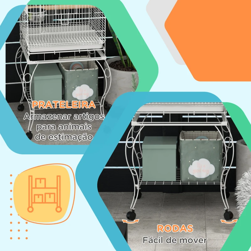 PawHut Gaiola para Pássaros com Rodas Bandeja Amovível Prateleira 2 Comedouros de Aço Inoxidável e Poleiro 51x51x153 cm Branco