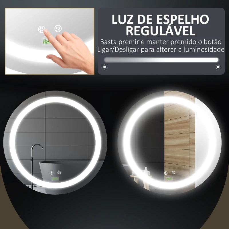 kleankin Espelho Casa de Banho Redondo com Luz LED com 3 Luzes Ajustáveis Função de Memória e Anti-Embaciamento Ø50x4,6cm Prata
