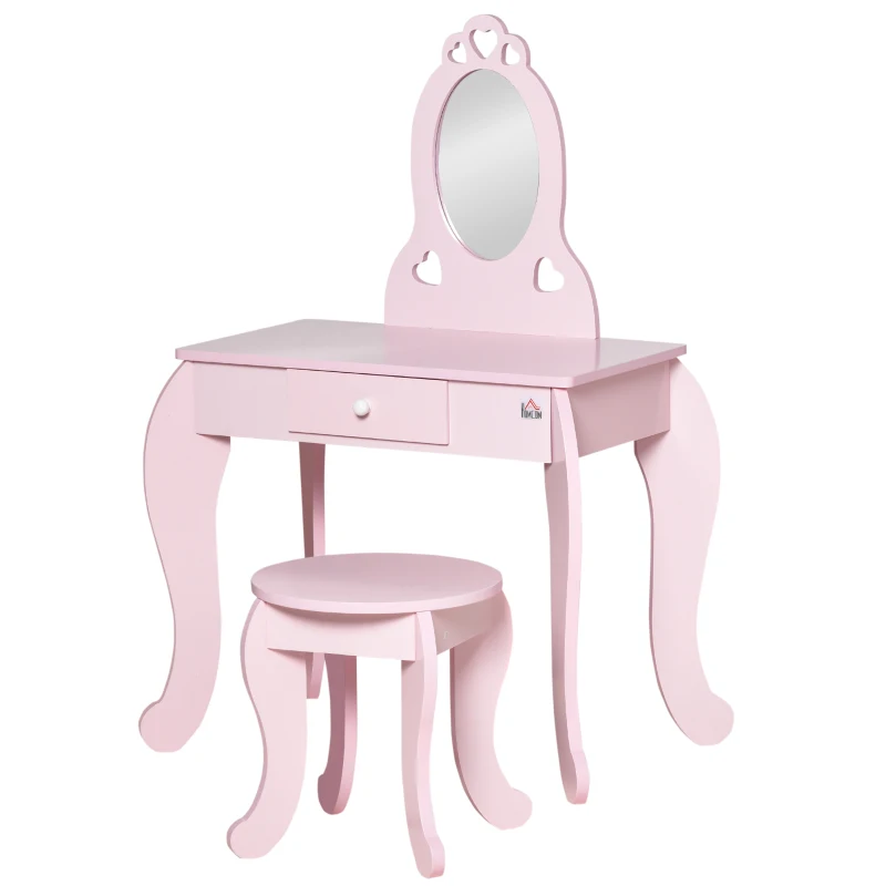 HOMCOM Kids Vanity Table & Stool Girls Dressing Set Make Up Desk Chair Dresser Play Set with Mirror Pink