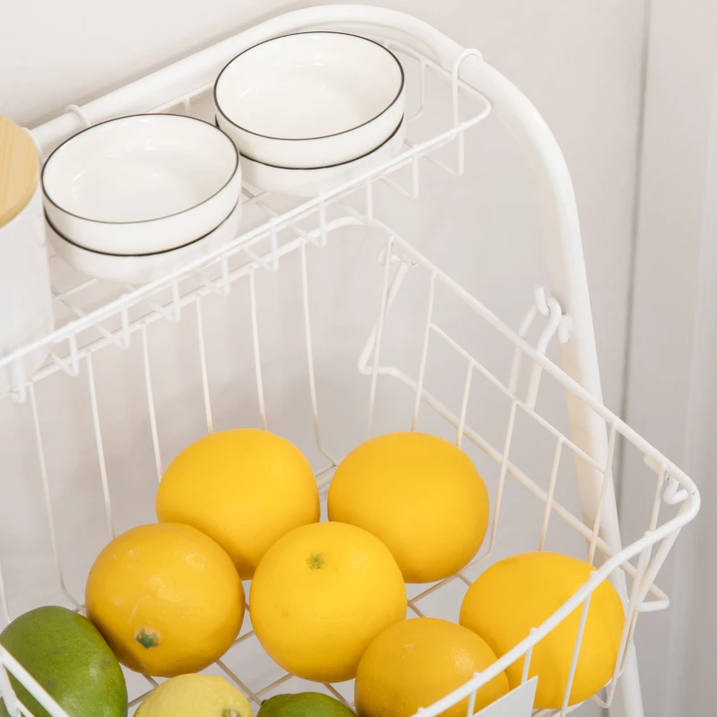 HOMCOM Fruteira Cesto para Frutas e Verduras de 3 Níveis com Cestos Amovíveis e Empilháveis de Aço 42,5x36,5x91cm Branco