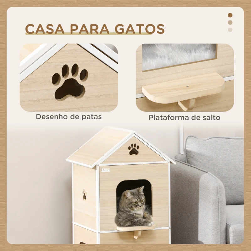 PawHut Casa para Gatos com 2 Níveis Estilo Cabana com 2 Almofadas Laváveis e Plataforma Lateral 47x40x90 cm Madeira e Branco