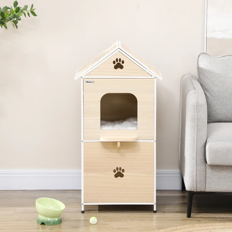 PawHut Casa para Gatos com 2 Níveis Estilo Cabana com 2 Almofadas Laváveis e Plataforma Lateral 47x40x90 cm Madeira e Branco