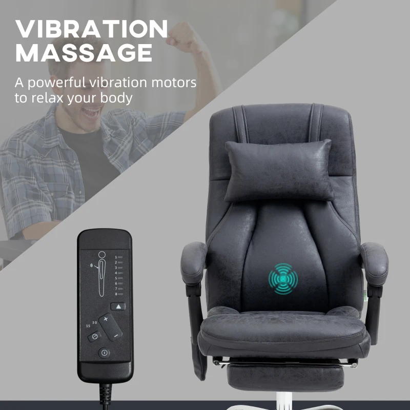 Vinsetto Office Chair with Lumbar Massage, 135° Reclining Computer Chair with Adjustable Headrest, Retractable Footrest, 10cm Double Padded Seat, Microfiber Fabric, Metal Base, Dark Grey