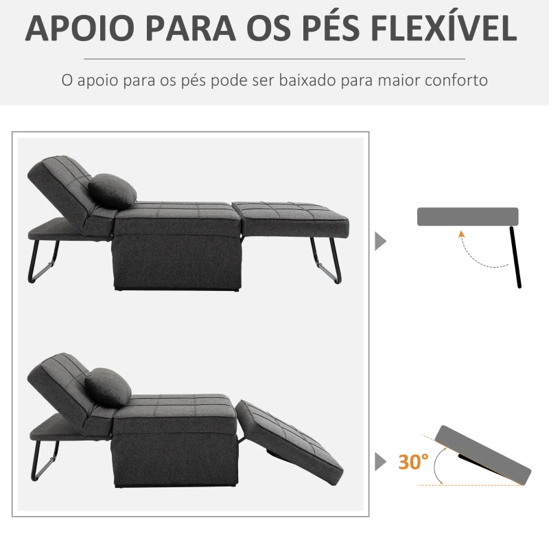 HOMCOM Sofá Cama Individual 3 em 1 Estofado em Linho Reclinável em 5 Posições com Apoio para os Pés e Apoio para a Cabeça 95x189x43cm Cinza