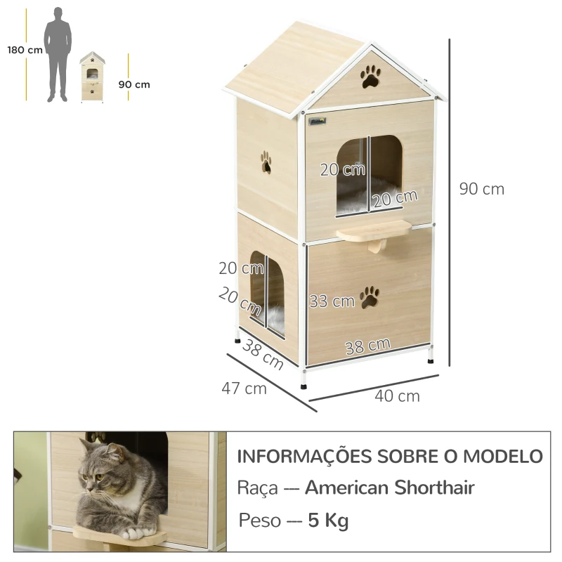 PawHut Casa para Gatos com 2 Níveis Estilo Cabana com 2 Almofadas Laváveis e Plataforma Lateral 47x40x90 cm Madeira e Branco