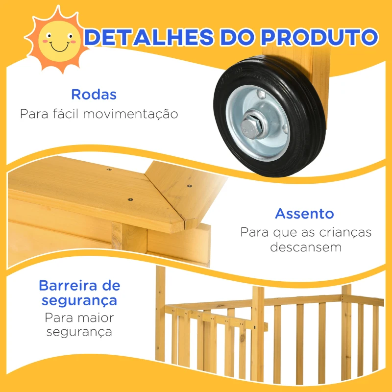 Outsunny Caixa de Areia para Crianças com Varanda Teto e Rodas Caixa de Areia Infantil para Crianças de 3-8 Anos 133x129x137,5 cm Madeira