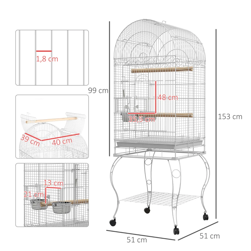 PawHut Gaiola para Pássaros com Rodas Bandeja Amovível Prateleira 2 Comedouros de Aço Inoxidável e Poleiro 51x51x153 cm Branco