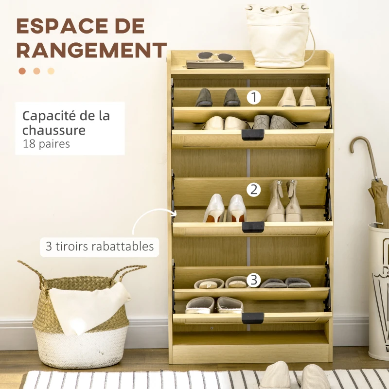 HOMCOM Meuble à chaussures 3 tiroirs aspect rotin 62 x 25 x 115 cm bois naturel
