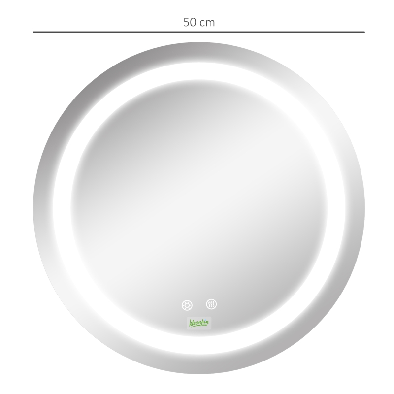 kleankin Espelho Casa de Banho Redondo com Luz LED com 3 Luzes Ajustáveis Função de Memória e Anti-Embaciamento Ø50x4,6cm Prata