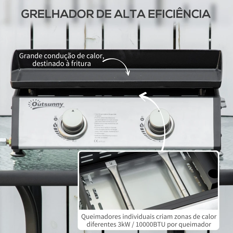 Outsunny Chapa a Gás de Mesa com 2 Queimadores de Aço Inoxidável 6 kW Portátil para Piquenique Campismo 48,5x46x21 cm Preto e Prata