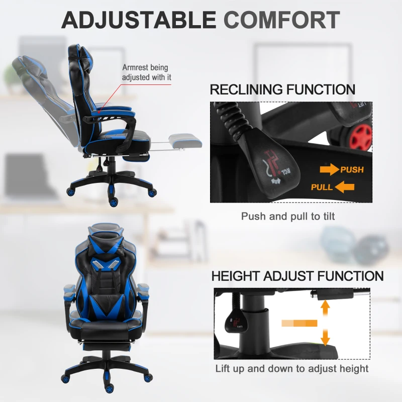Vinsetto Faux Leather Reclining Gaming Chair, with Footrest - Blue/Black