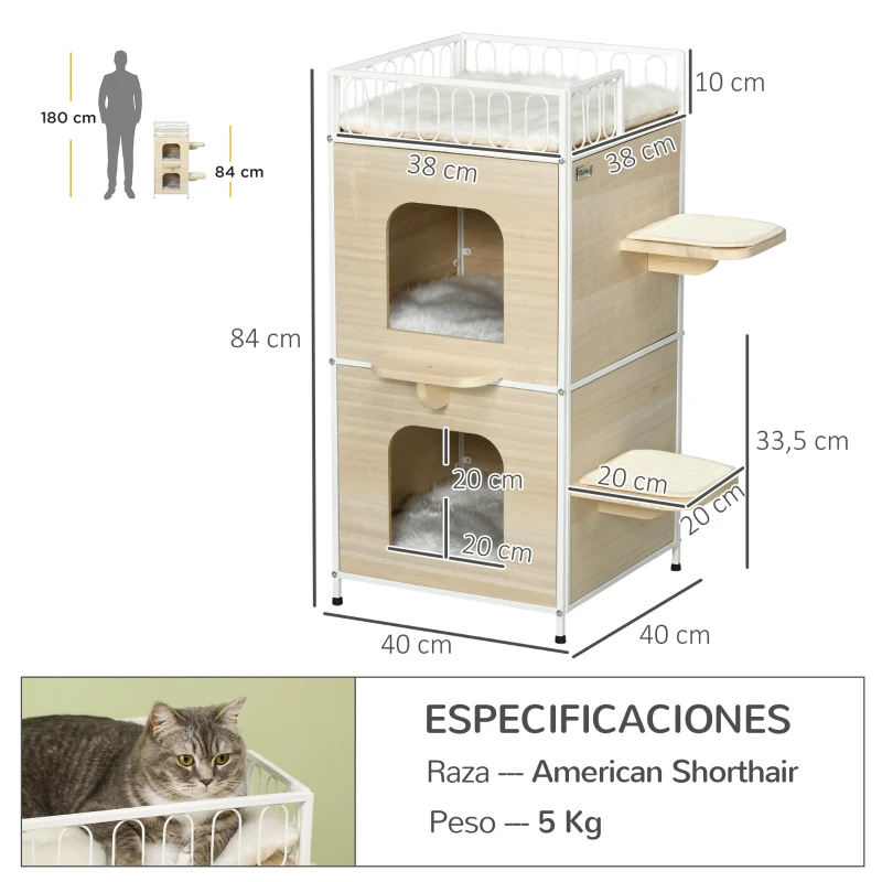 PawHut Casa para Gatos de 2 Niveles Cama Cueva para Gatitos de Madera con 2 Rascadores 3 Cojines Lavables 40x40x84 cm Natural