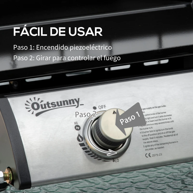 Outsunny Plancha de Gas Sobremesa con 2 Quemadores de Acero Inoxidable 6 kW con Plancha para Jardín Camping 48,5x46x21 cm Plata