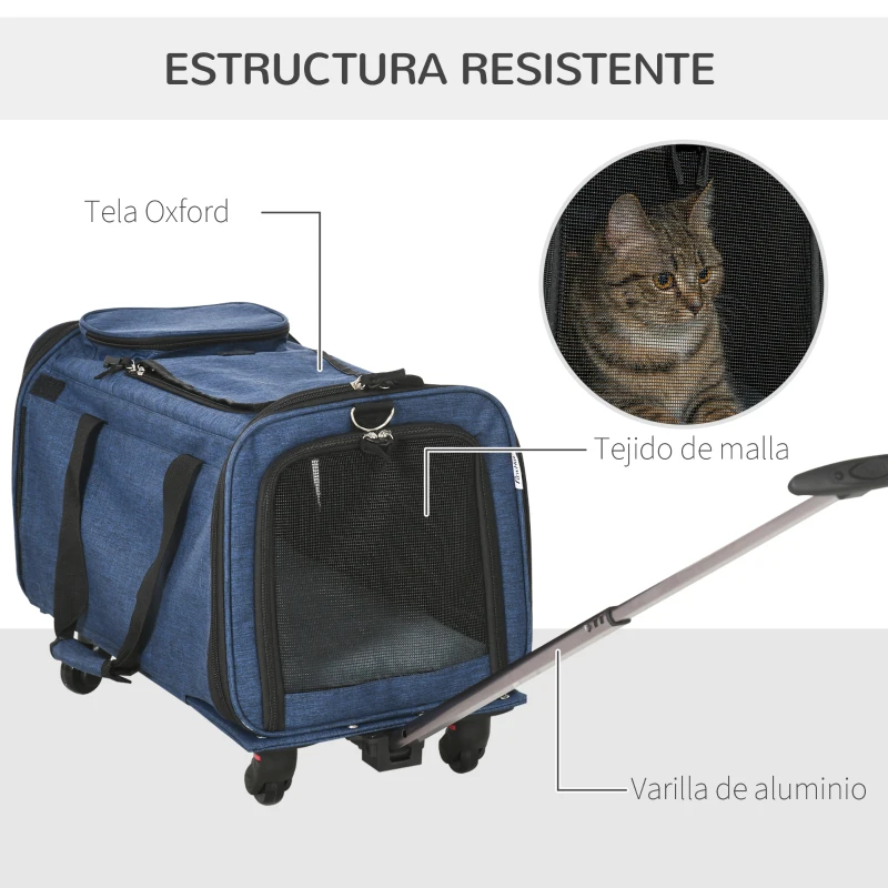 PawHut 4 en 1 Transportadora para Mascotas con Ruedas Carrito para Mascotas Bolsa de Transporte para Perros 50x31x37 cm Azul