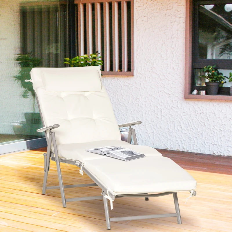 Outsunny Sun Lounger Steel Frame Outdoor Folding Chaise Texteline Lounge Chair Recliner with Headrest & 7 Levels Adjustable Backrest, Cream White