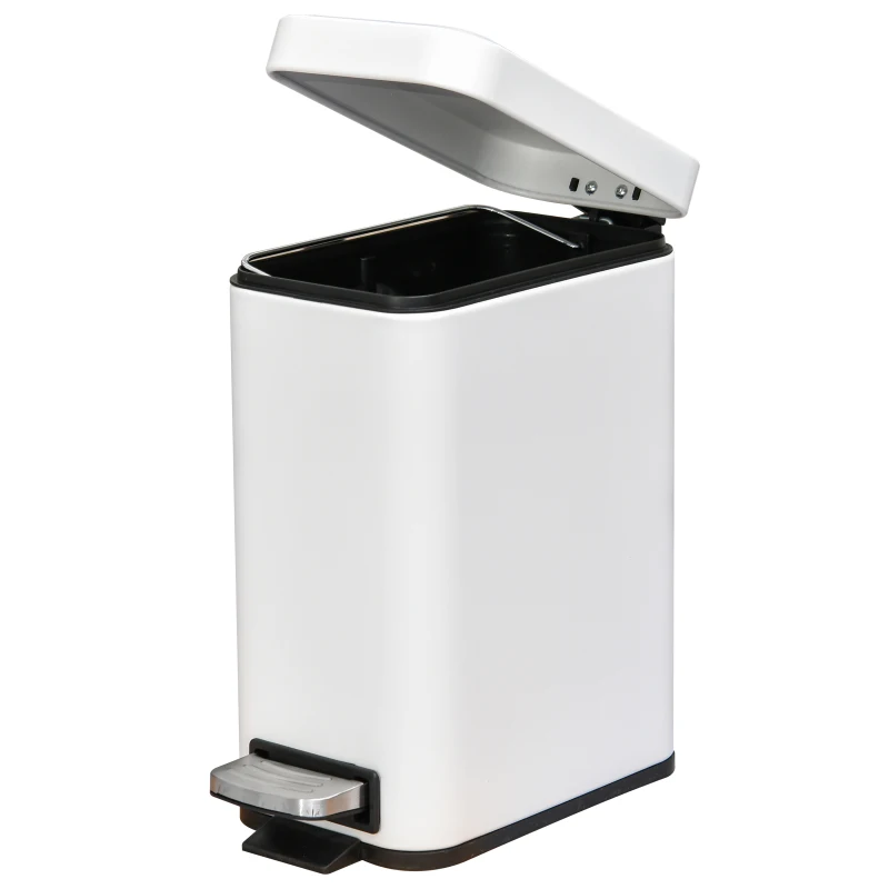 HOMCOM 5L Rectangular Compact Bin Steel Body Removable Bucket Quiet-Close Lid w/ Pedal Lid Rubbish Trash Can Home Office Bedroom Bathroom Living Room Garbage Tidy Clean White