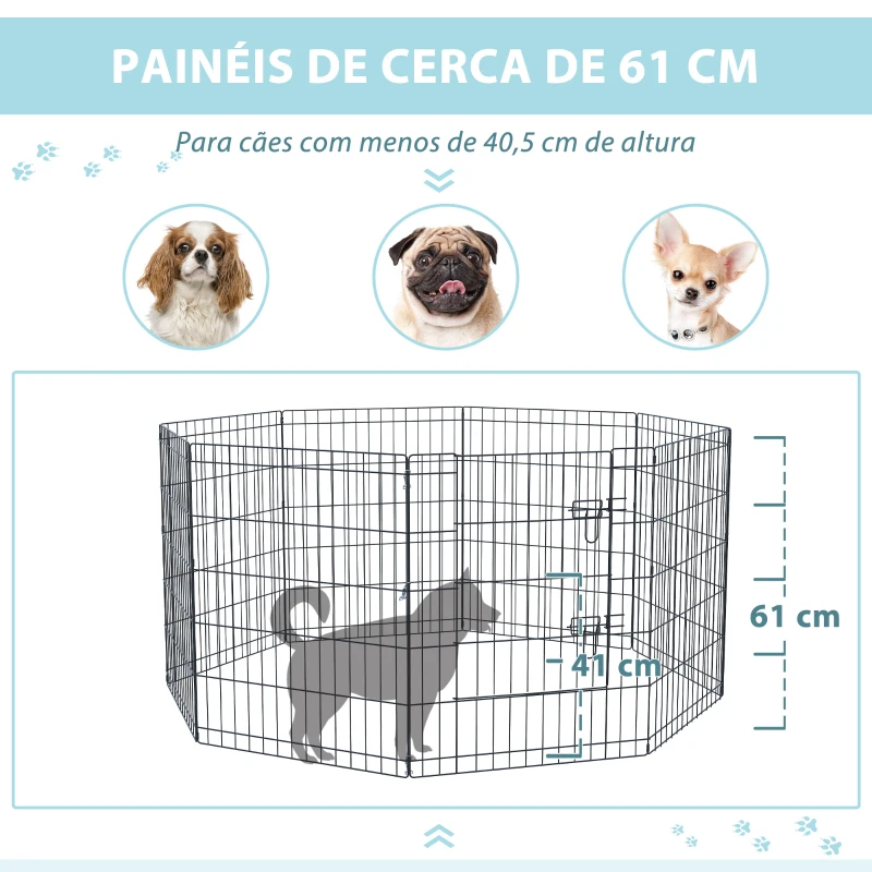 PawHut Parque para Cães 8 Painéis Dobráveis Gaiola Metálica para Animais de Estimação com Porta e Dupla Fechadura 76x61cm Preto
