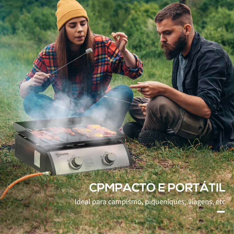 Outsunny Chapa a Gás de Mesa com 2 Queimadores de Aço Inoxidável 6 kW Portátil para Piquenique Campismo 48,5x46x21 cm Preto e Prata