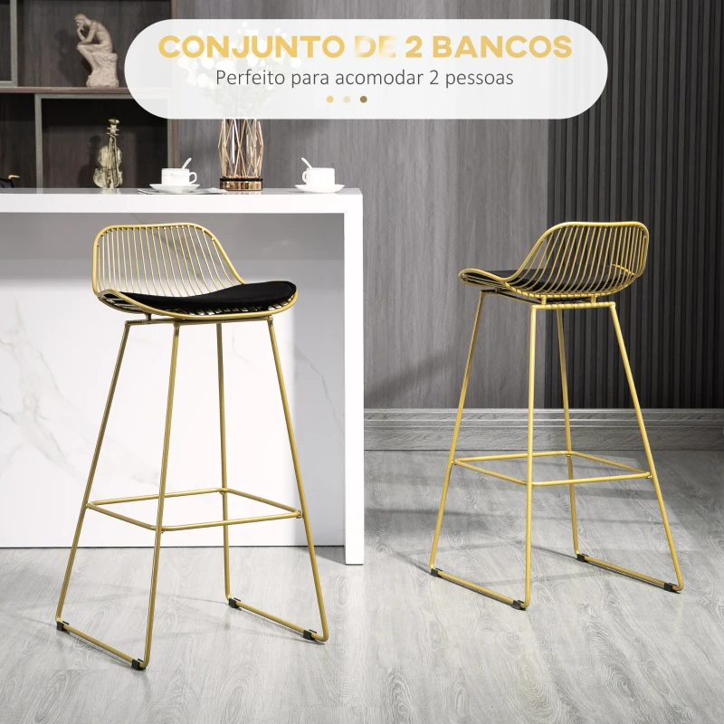 HOMCOM Conjunto de 2 Bancos Altos Moderno com Almofada de Veludo Encosto e Apoio para os Pés Carga 120 kg 46,5x48x93 cm Dourado