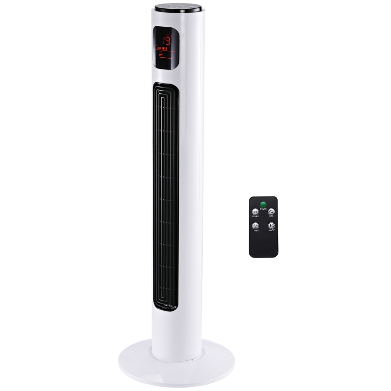 HOMCOM 38'' Freestanding Tower Fan, 3 Speed 3 Mode, 12h Timer, 70 Degree Oscillation, LED Panel, 5M Remote Controller, White